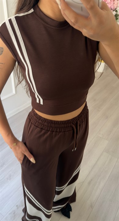 Kahverengi Şerit Desenli Crop Bluz Takım