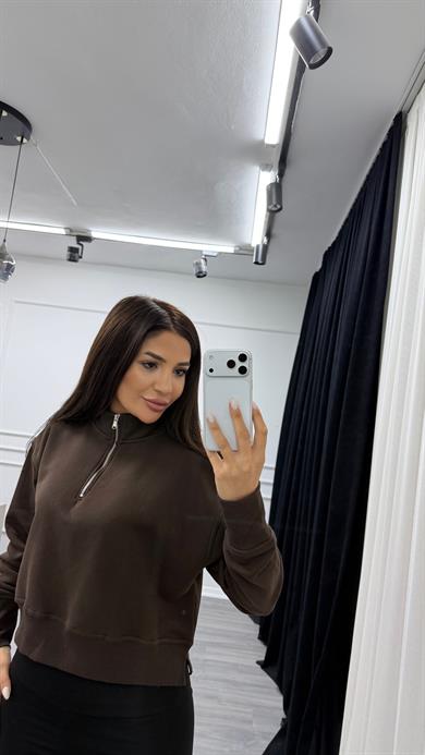Kahverengi Yarım Fermuar Dik Yaka Sweatshirt