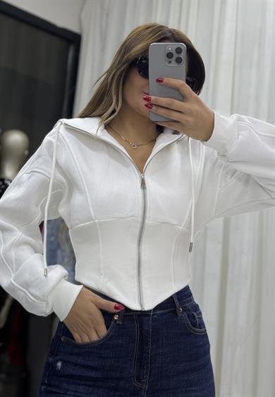 Kapşonlu Sweatshirt Fermuarlı Korse Detaylı-Beyaz
