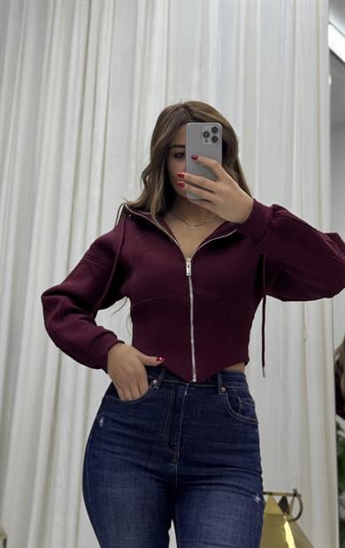 Kapşonlu Sweatshirt Fermuarlı Korse Detaylı-Bordo