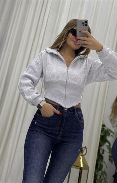Kapşonlu Sweatshirt Fermuarlı Korse Detaylı-Gri