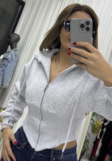Kapşonlu Sweatshirt Fermuarlı Korse Detaylı-Gri
