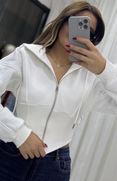 Kapşonlu Sweatshirt Fermuarlı Korse Detaylı-Beyaz