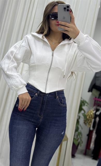 Kapşonlu Sweatshirt Fermuarlı Korse Detaylı-Beyaz