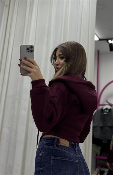 Kapşonlu Sweatshirt Fermuarlı Korse Detaylı-Bordo