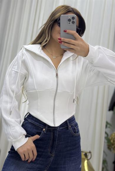 Kapşonlu Sweatshirt Fermuarlı Korse Detaylı-Beyaz