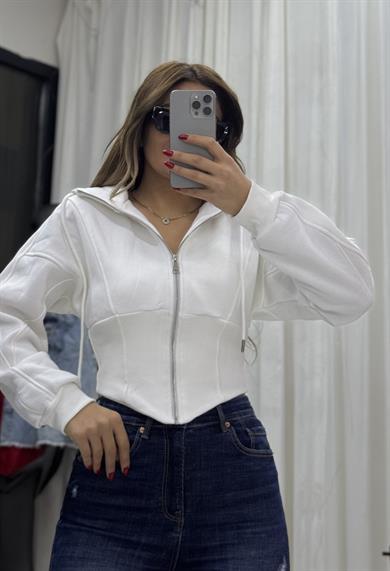Kapşonlu Sweatshirt Fermuarlı Korse Detaylı-Beyaz