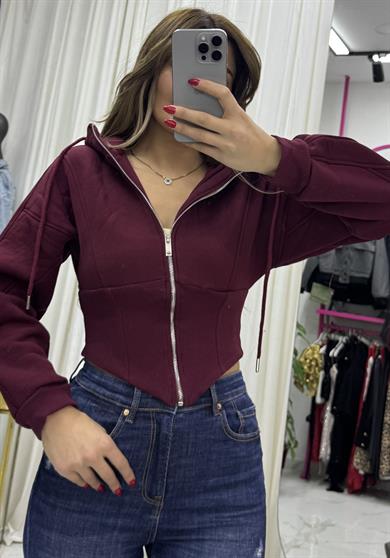Kapşonlu Sweatshirt Fermuarlı Korse Detaylı-Bordo