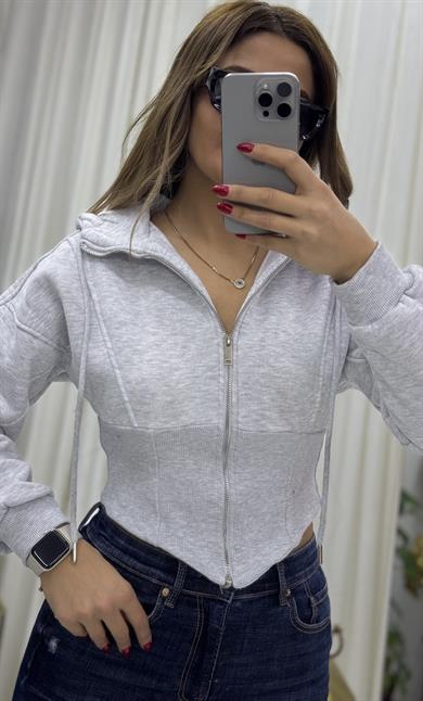 Kapşonlu Sweatshirt Fermuarlı Korse Detaylı-Gri