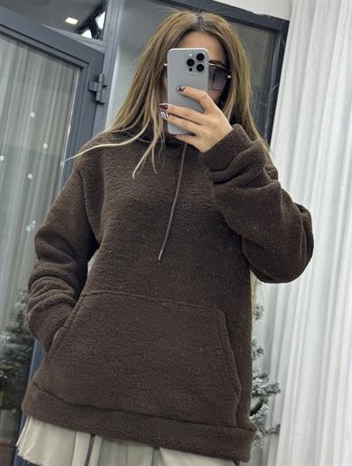 Kapüşonlu Cepli Yumoş Sweat-kahverengi