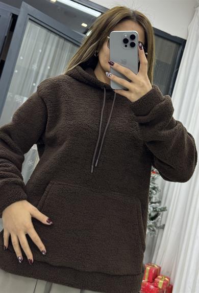 Kapüşonlu Cepli Yumoş Sweat-kahverengi