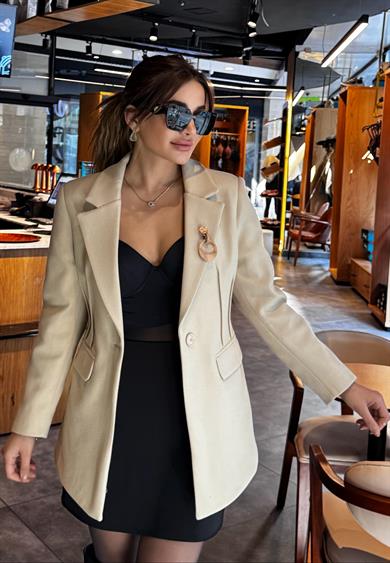 Kaşe Tek Düğmeli Astarlı Blazer Ceket-Taş