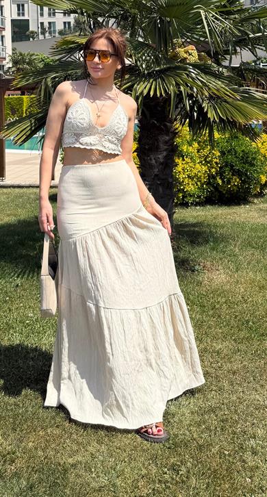 Katlı Uzun Beli Lastikli- Etek-Kahve