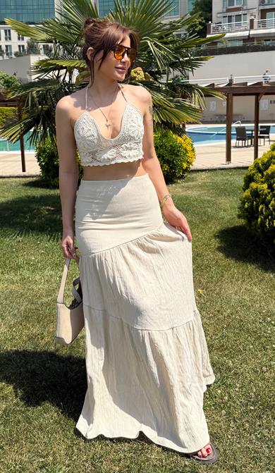 Katlı Uzun Beli Lastikli- Etek-Kahve