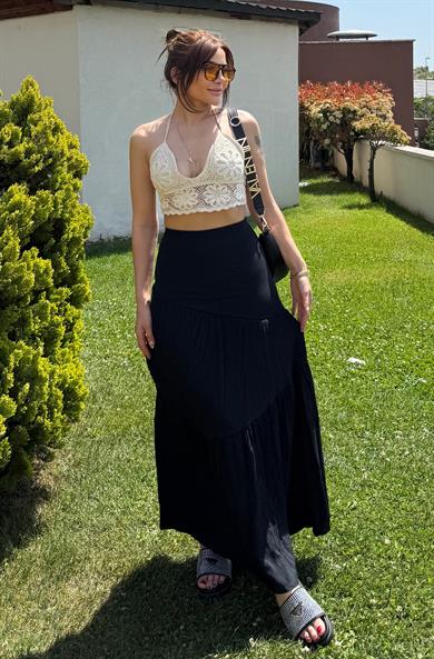 Katlı Uzun Beli Lastikli- Etek-siyah