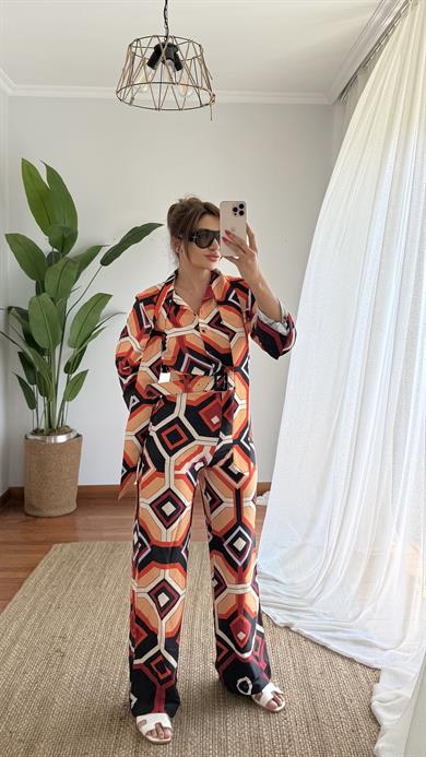 Kemerli Saten Dokulu Desenli Tulum-Oranj
