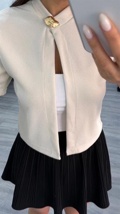 Kırık Beyaz Önden Düğme Detaylı Örme Bluz