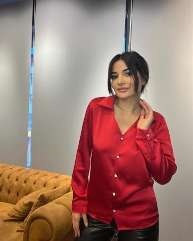 Kırmızı Basic Uzun Kollu  Kadın Saten Gömlek