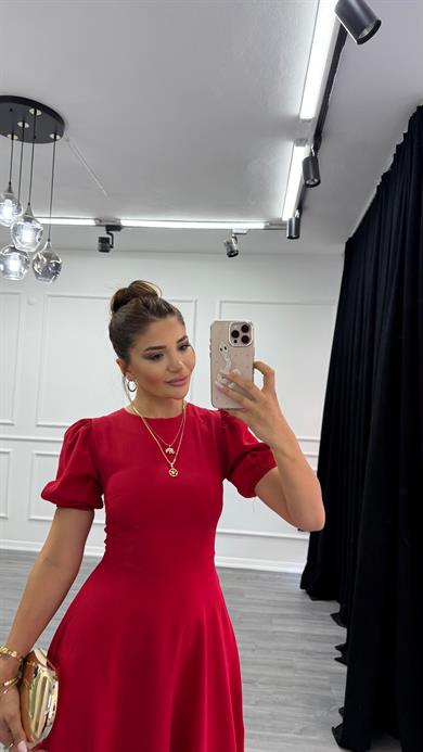 Kırmızı Bisiklet Yaka Kısa Karpuz Kol Midi Boy Premium Elbise