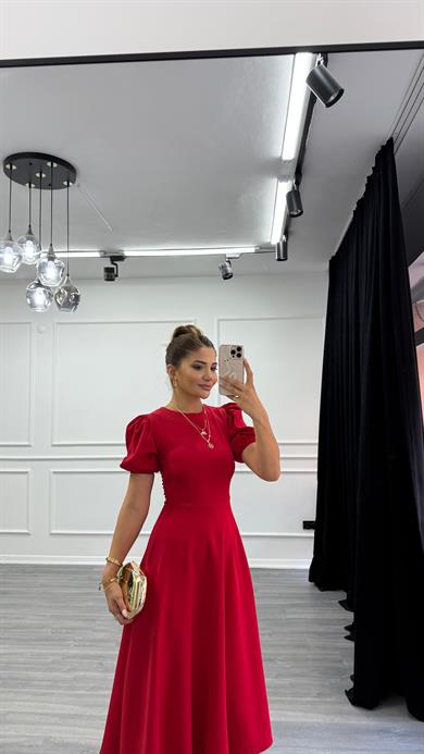 Kırmızı Bisiklet Yaka Kısa Karpuz Kol Midi Boy Premium Elbise