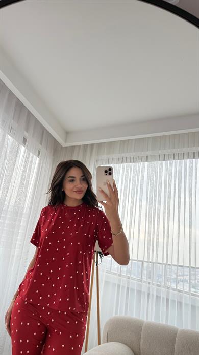 Kırmızı Premium Kalite Kısa Kollu Beyaz Kalp Desenli Pijama Takımı