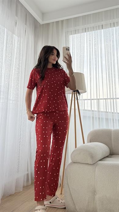 Kırmızı Premium Kalite Kısa Kollu Beyaz Kalp Desenli Pijama Takımı