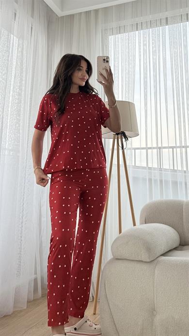 Kırmızı Premium Kalite Kısa Kollu Beyaz Kalp Desenli Pijama Takımı