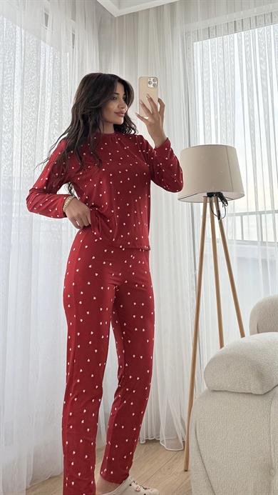 Kırmızı Premium Kalite Uzun Kollu Beyaz Kalp Desenli Pijama Takımı