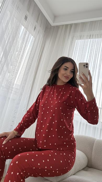 Kırmızı Premium Kalite Uzun Kollu Beyaz Kalp Desenli Pijama Takımı