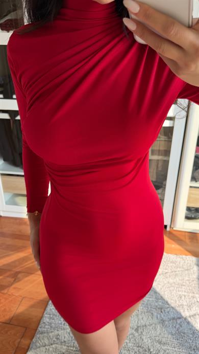 Kırmızı Sandy Kumaş Drape Detay Uzun Kollu Elbise