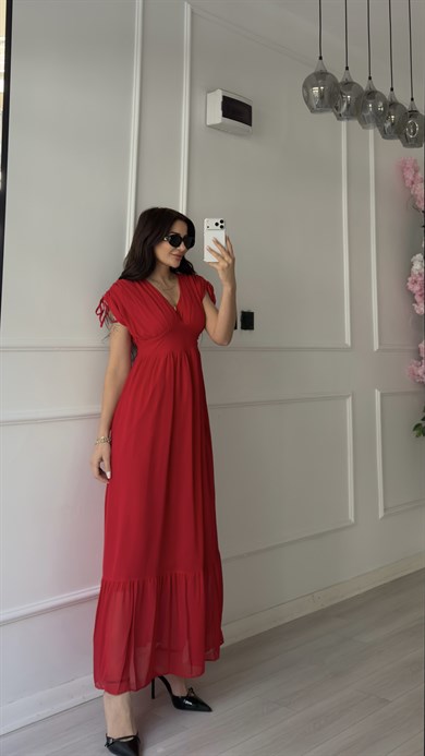 Kırmızı V Yaka Kloş Dökümlü Sifon Elbise