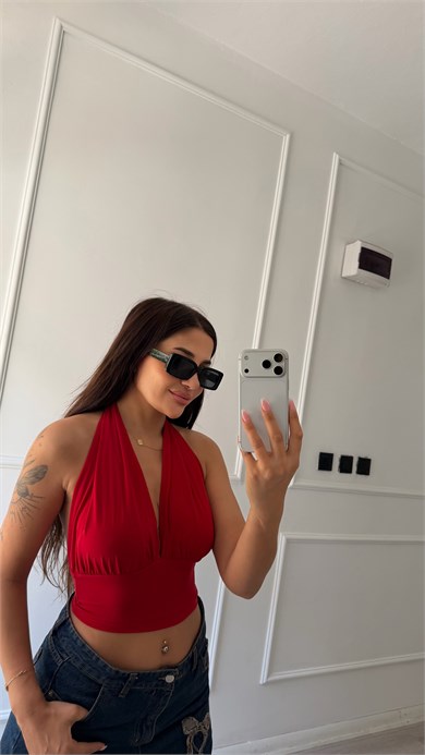 Kırmızı Esnek Sandy Halter Yaka Bluz