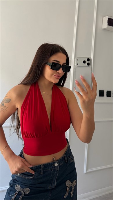 Kırmızı Esnek Sandy Halter Yaka Bluz