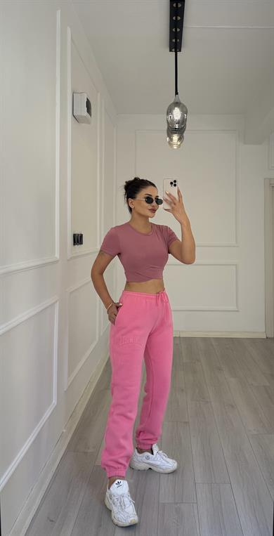 Kısa Kol Bisiklet Sporcu Crop Top -Gül Kurusu