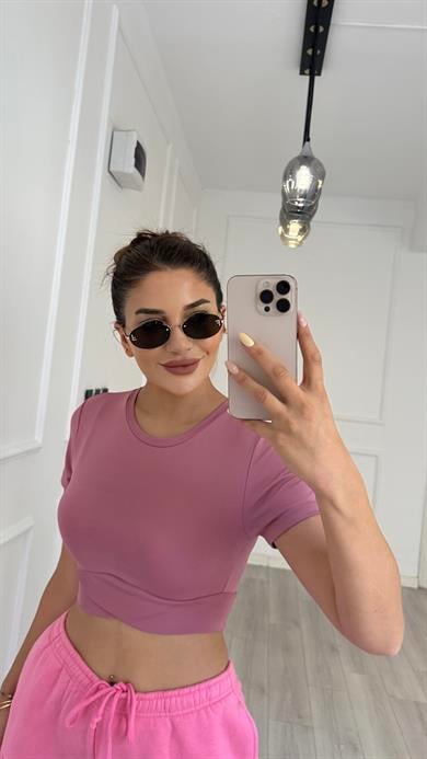Kısa Kol Bisiklet Sporcu Crop Top -Gül Kurusu