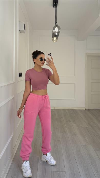 Kısa Kol Bisiklet Sporcu Crop Top -Gül Kurusu
