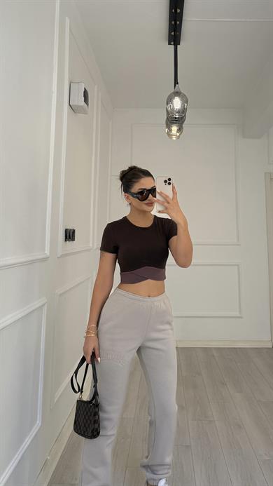 Kısa Kol Bisiklet Sporcu Crop Top -KAHVE