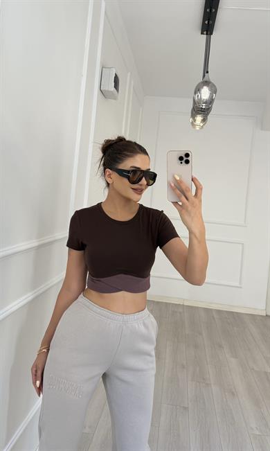 Kısa Kol Bisiklet Sporcu Crop Top -KAHVE