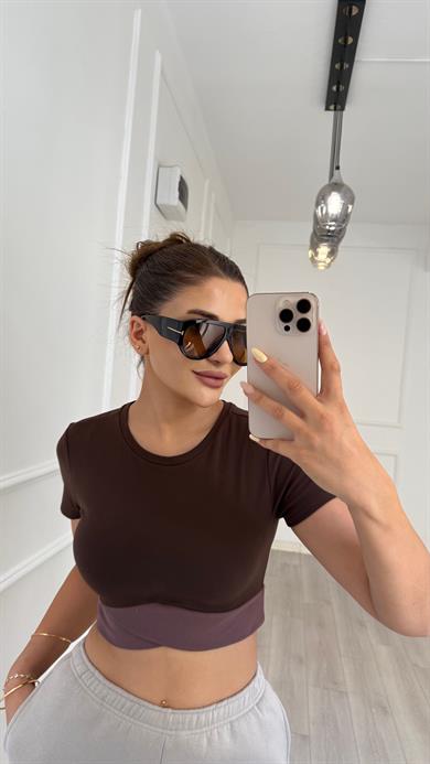 Kısa Kol Bisiklet Sporcu Crop Top -KAHVE