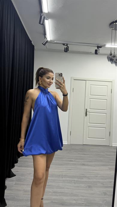 Kısa Sırt Detaylı Balon Etek Elbise-Saks Mavi