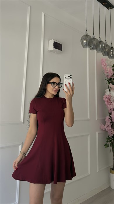 Kloş Bordo Kısa Elbise