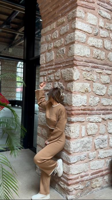 Kol Ve Bel Detaylı İkili Triko Takım -Taba