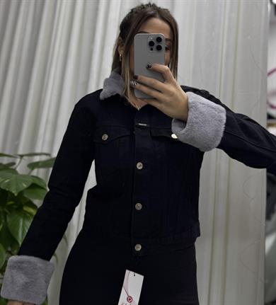 Premium kalite Kolları Gri Peluşlu Kısa Kot Ceket siyah