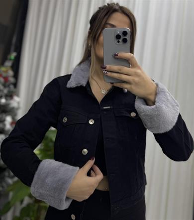 Premium kalite Kolları Gri Peluşlu Kısa Kot Ceket siyah