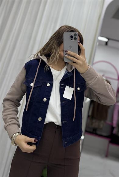 Kapüşonlu Lacivert Denim Kot Ceket-Kahve
