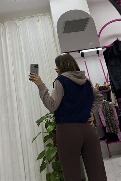 Kapüşonlu Lacivert Denim Kot Ceket-Kahve