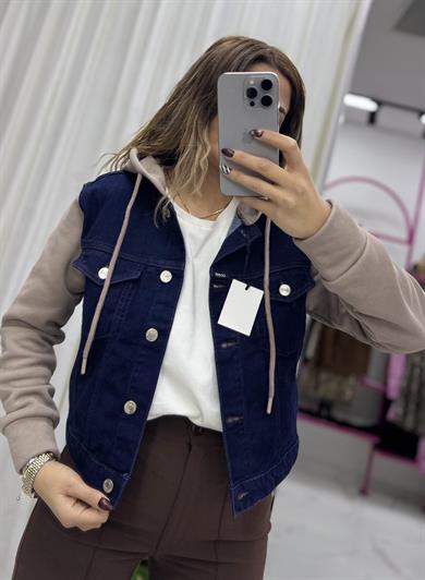 Kapüşonlu Lacivert Denim Kot Ceket-Kahve