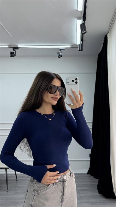 Lacivert Beyaz Uzun Kollu Parmak Geçmeli Bluz Esnek Kumaş