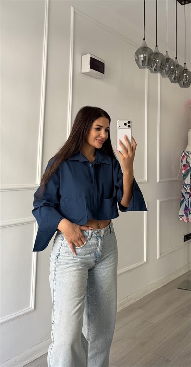 Lacivert Çift Cepli Kısa Boy Oversize Gömlek 