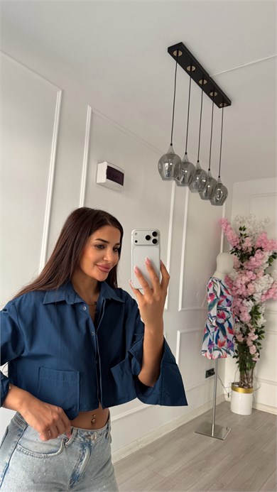 Lacivert Çift Cepli Kısa Boy Oversize Gömlek 